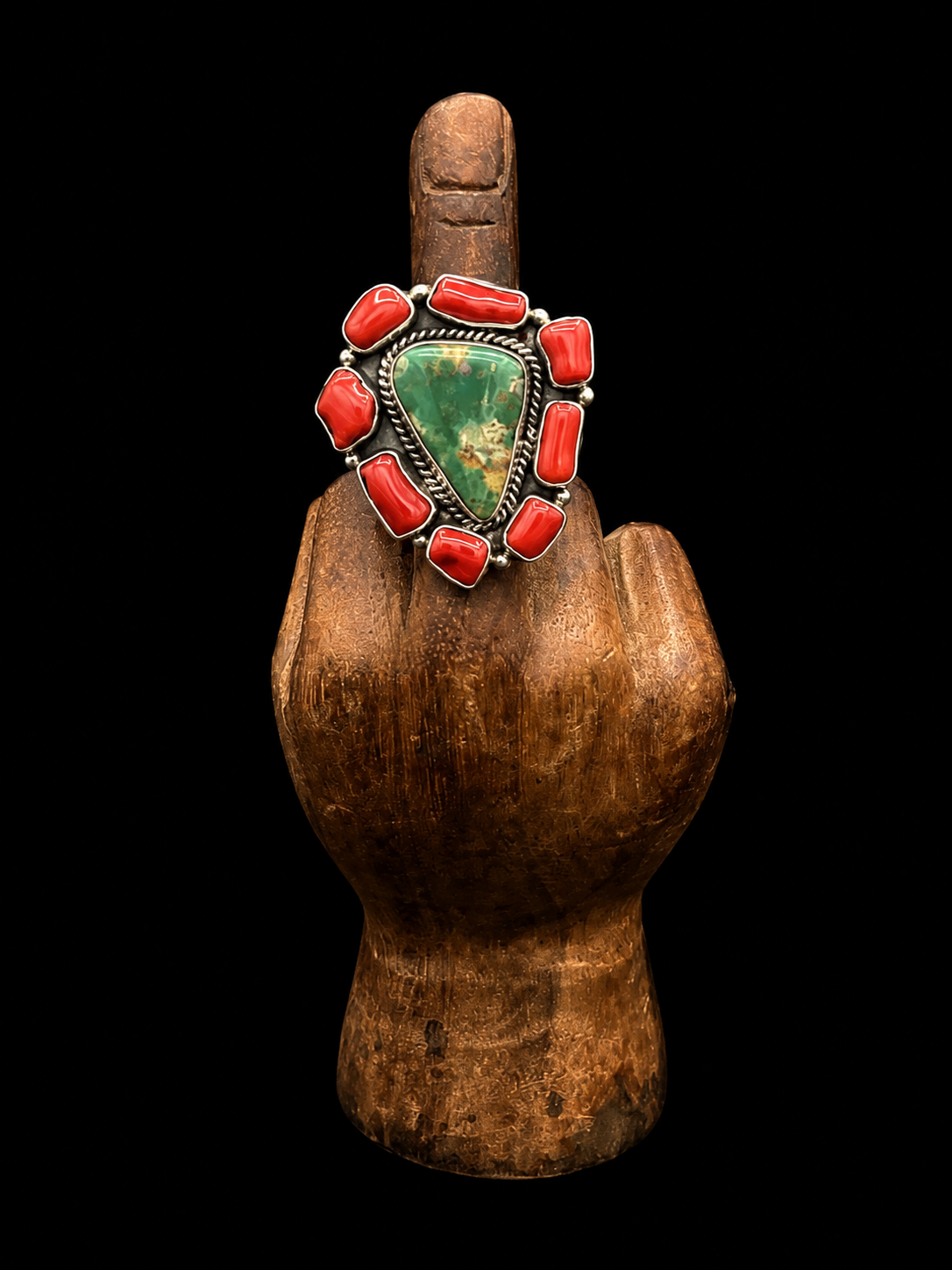 Adjustable Royston Turquoise & Red Coral Ring