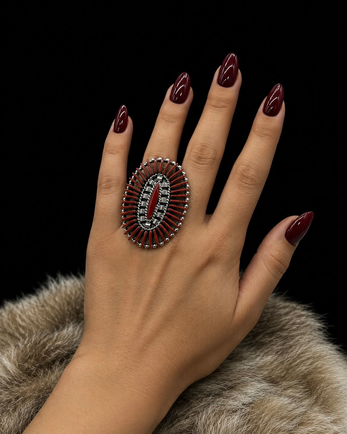 Red Coral Needlepoint Cluster Ring